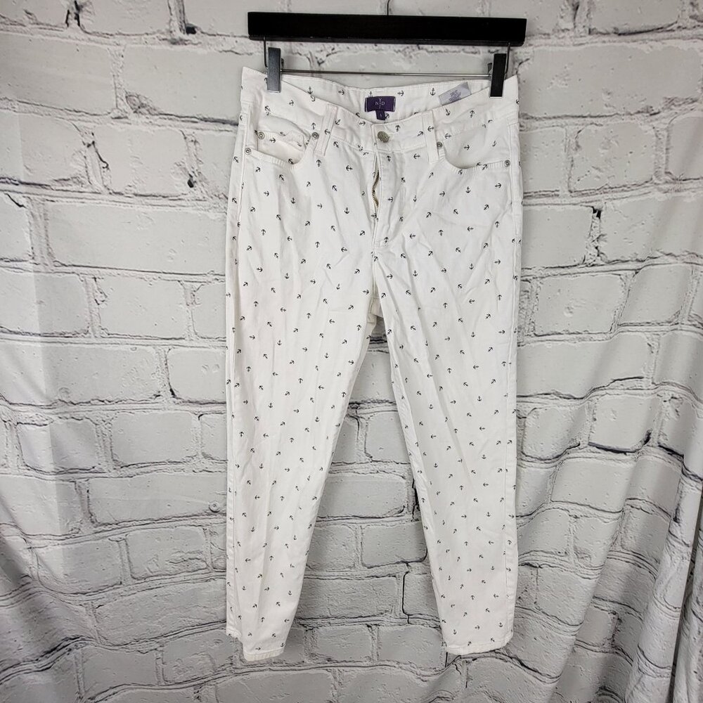 NYDJ Womens 6 White Skinny Ankle Nautical‎ Anchor Print Jeans Pants Preppy